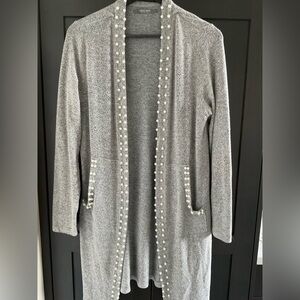 ✅ 2/$20 Anthropologie Coin 1804 Gray Pearl Trim Long Cardigan Sweater | Size S